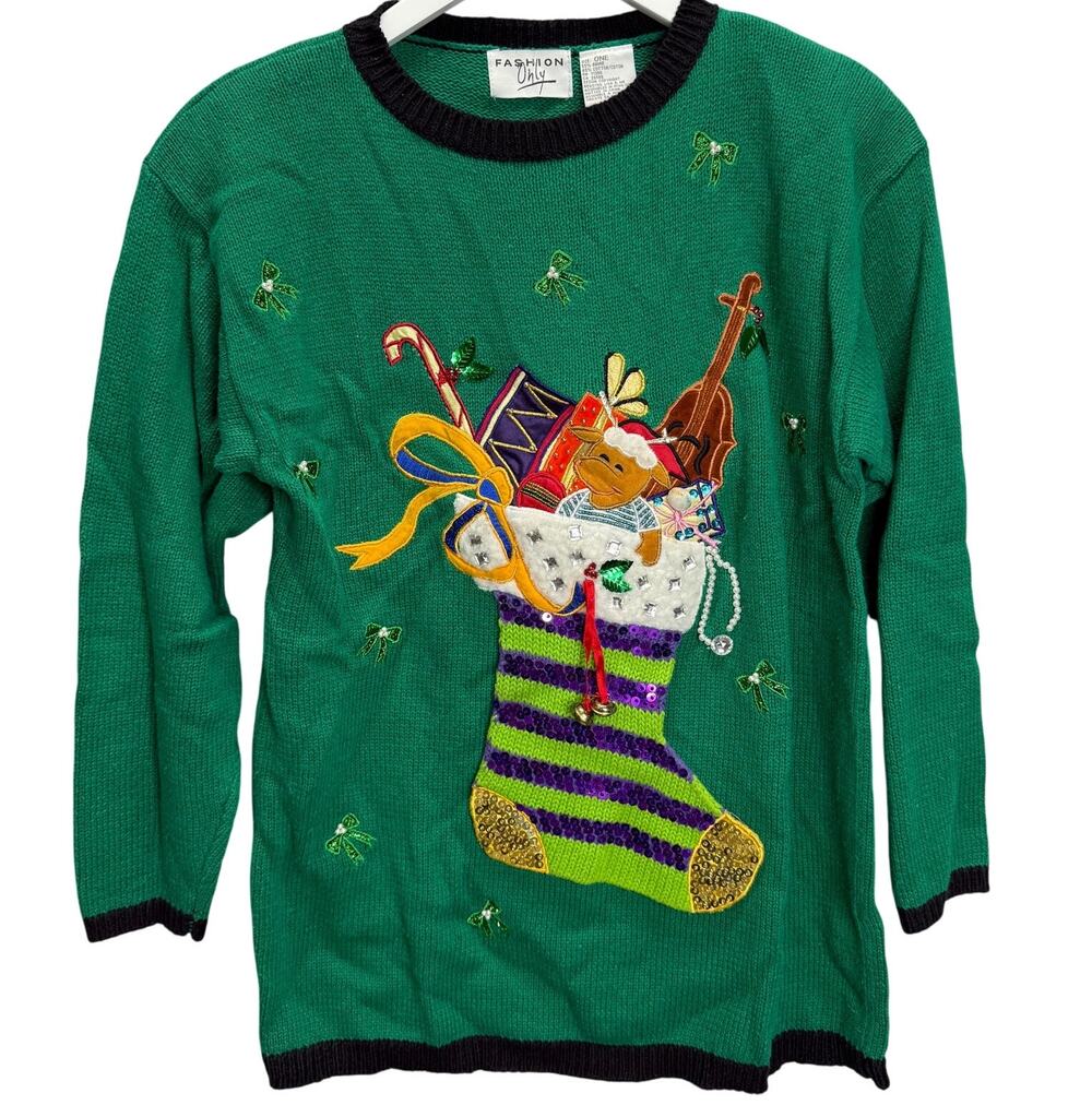 Vintage Fashion Only Christmas Sweater Green Stocking Bells Embellished Size M